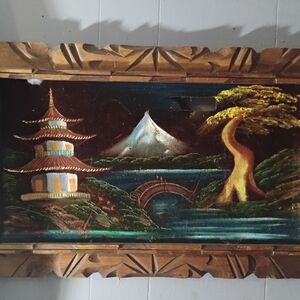 Rustic Landscape Art with Pagoda and Mountain